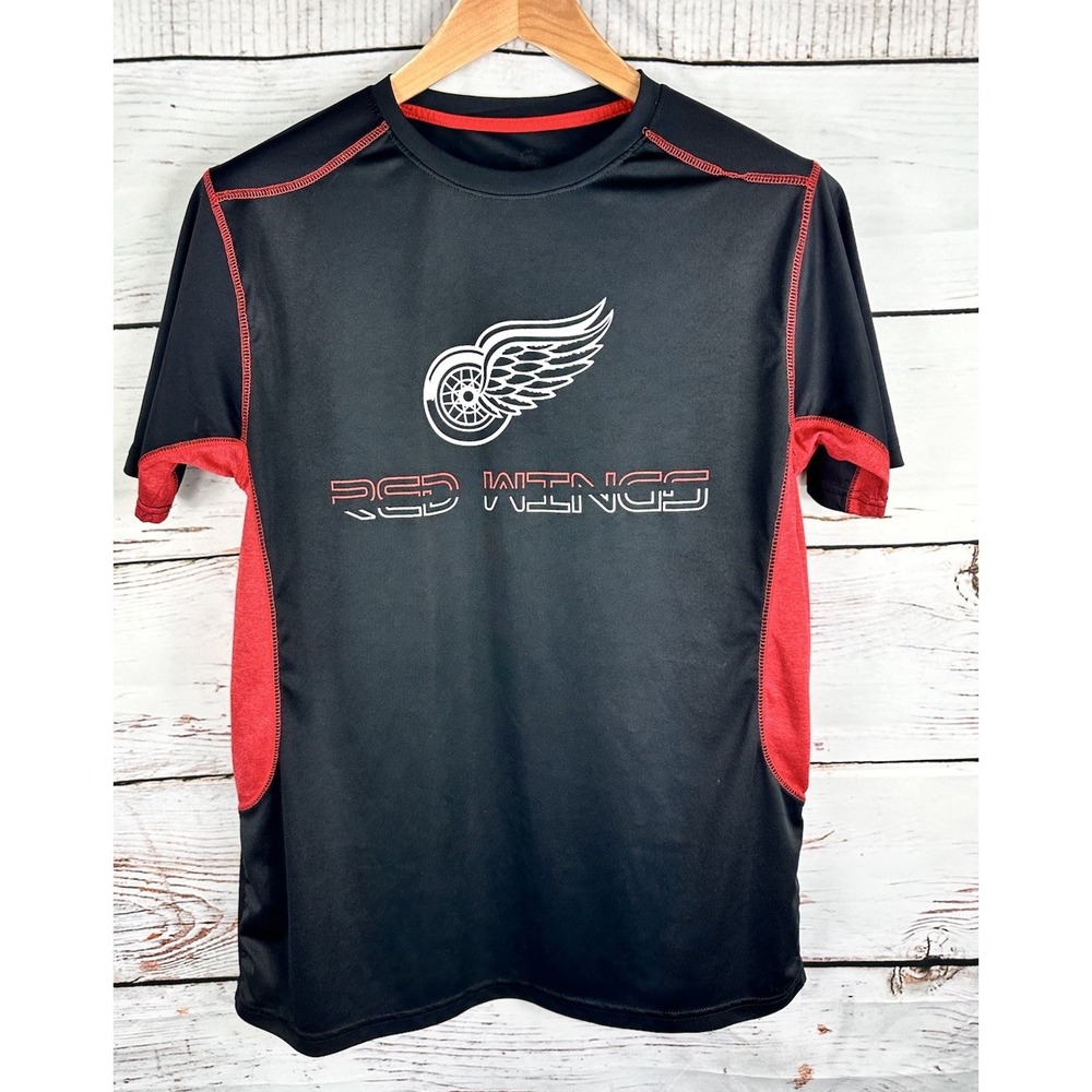Detroit NHL Red Wings Logo Black Red Short Sleeve‎ Men's Polyester Shirt Size L